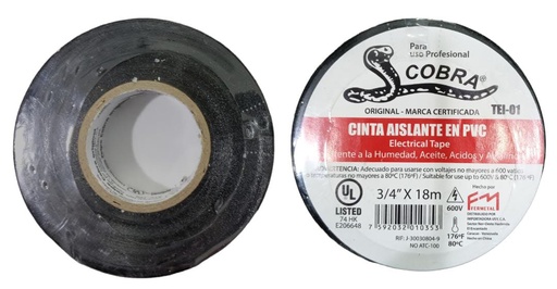 [TEI-01] ROLLO DE TEIPE NEGRO AISLANTE COBRA 